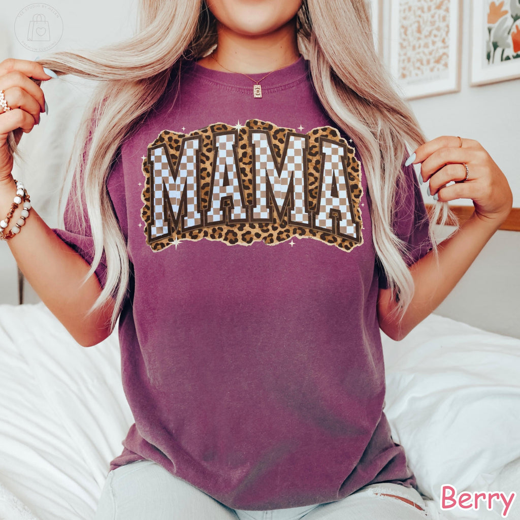 Comfort Colors® Leopard Mama Shirt, Checkered Mama Shirt, Mothers Day Gift, Retro Mom Tee, Trendy Mom Shirt, Cute Mom Gift, Shirt for Women