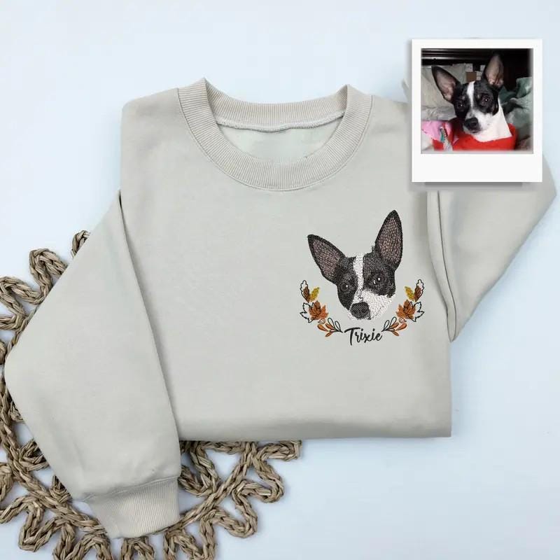 Custom Dog Face Embroidered Sweatshirt, Custom Embroidered Pet Hoodie, Pet Memorial Gifts, Personalized Gift For Mom, Gift for Dog Owner