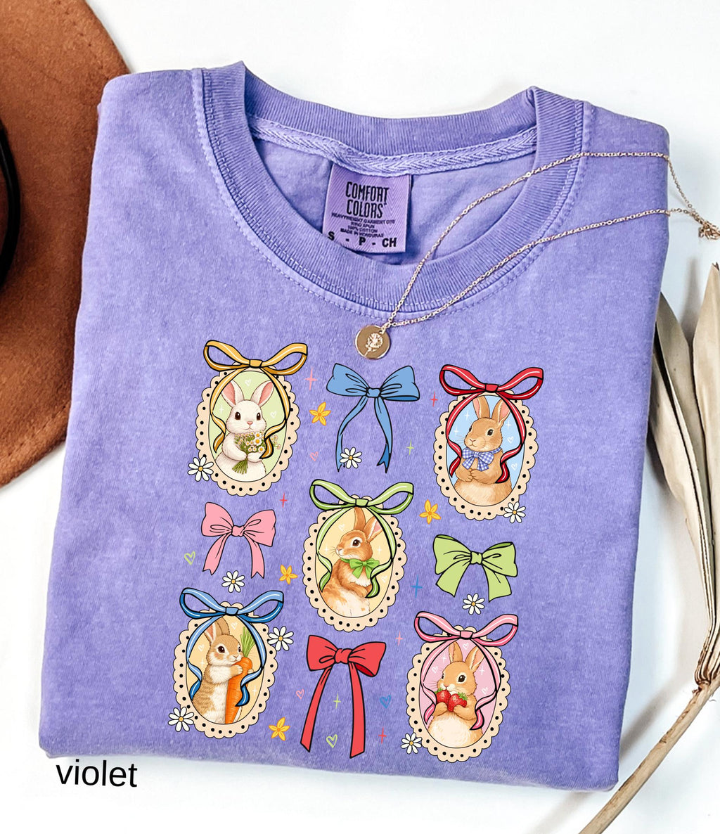 Comfort Colors© Retro Bunnies Easter Gift for Women, Vintage Thrifted Grandma Core Shirt, Floral Coquette Cottagecore Oval Frame Spring Tee