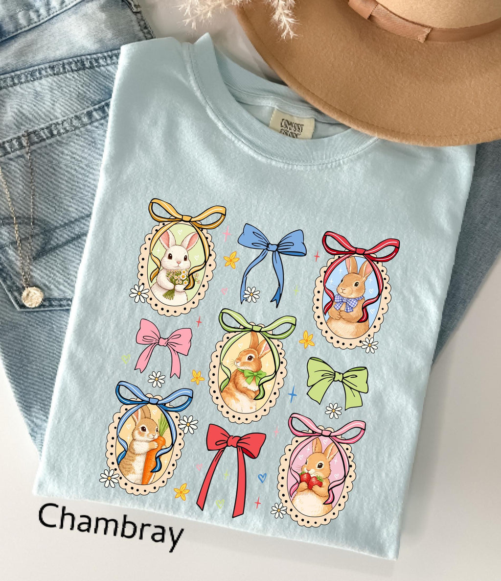 Comfort Colors© Retro Bunnies Easter Gift for Women, Vintage Thrifted Grandma Core Shirt, Floral Coquette Cottagecore Oval Frame Spring Tee