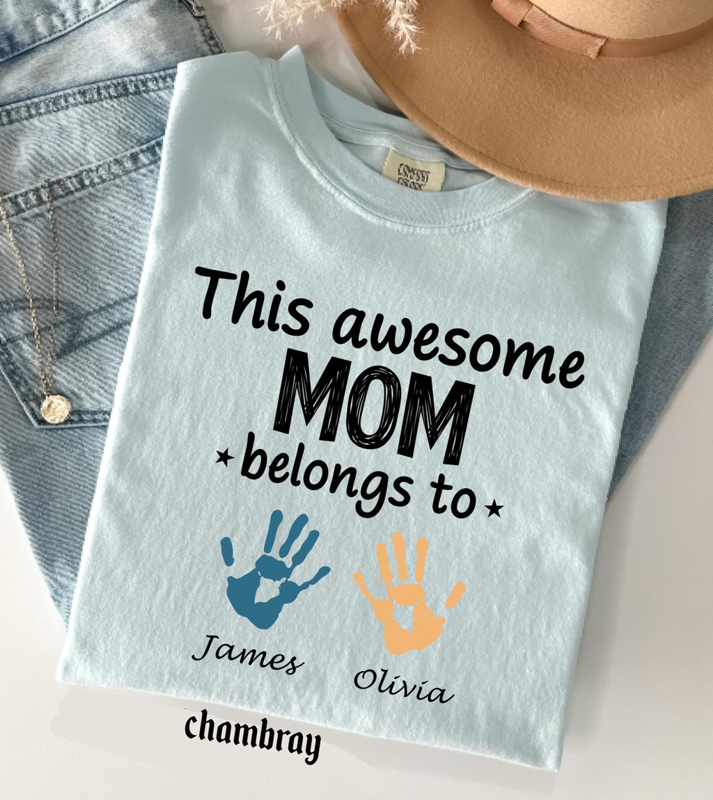 Personalized Mom Comfort Colors Shirt With Kids Names, Custom Names Mother Gift Tee, This Awesome Mom Belongs To Family