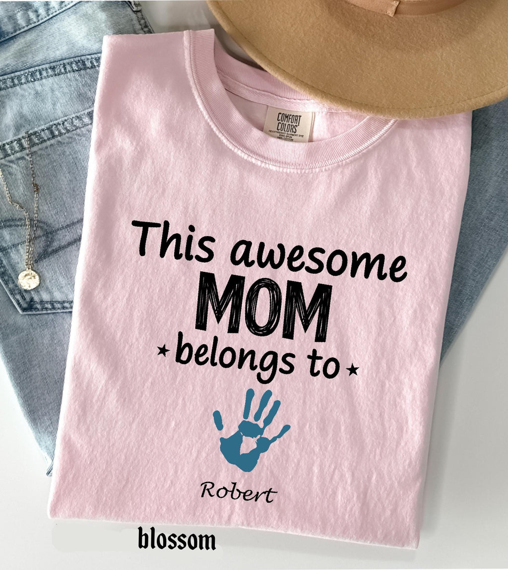 Personalized Mom Comfort Colors Shirt With Kids Names, Custom Names Mother Gift Tee, This Awesome Mom Belongs To Family