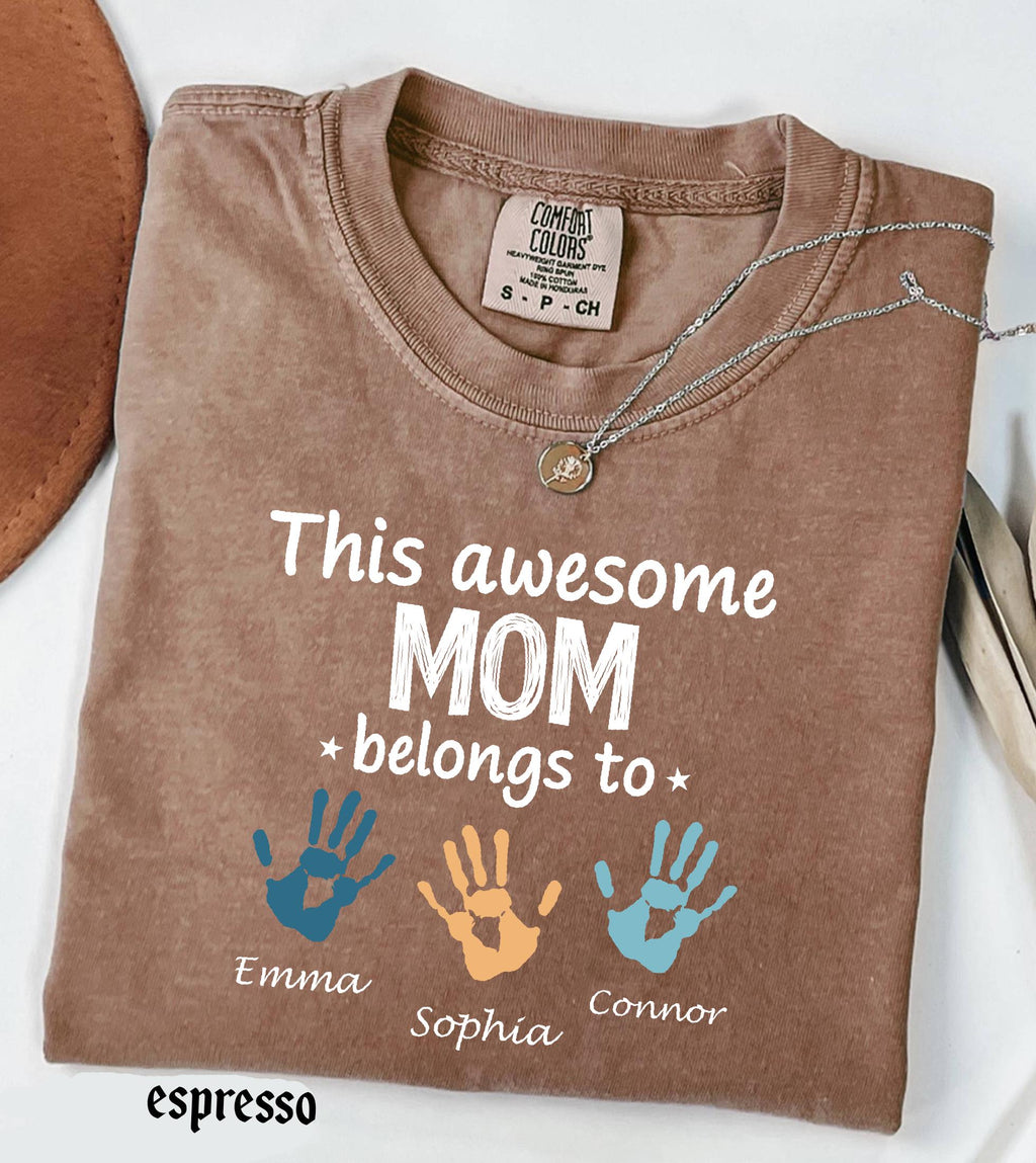 Personalized Mom Comfort Colors Shirt With Kids Names, Custom Names Mother Gift Tee, This Awesome Mom Belongs To Family
