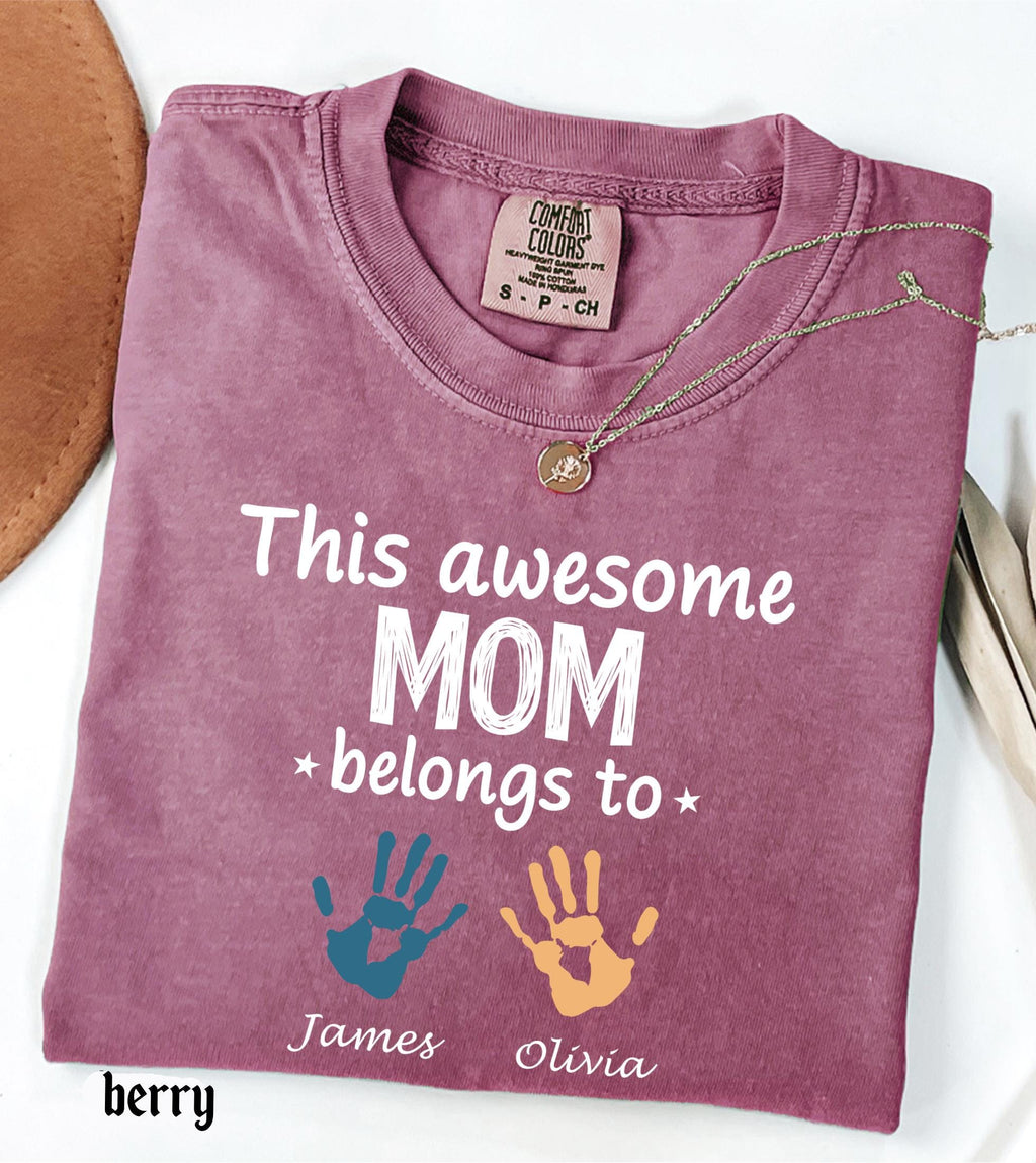 Personalized Mom Comfort Colors Shirt With Kids Names, Custom Names Mother Gift Tee, This Awesome Mom Belongs To Family