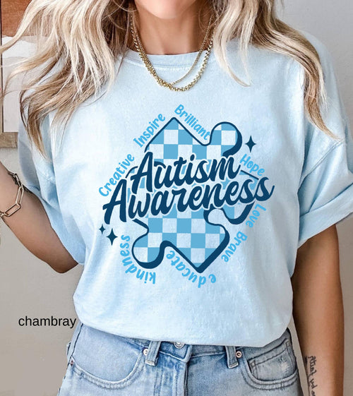 Autism Awareness Comfort Colors T-Shirt, In April We Wear Blue Special Education Teacher Shirt, Aura Of Blue Embrace Nuerodiversity Tee