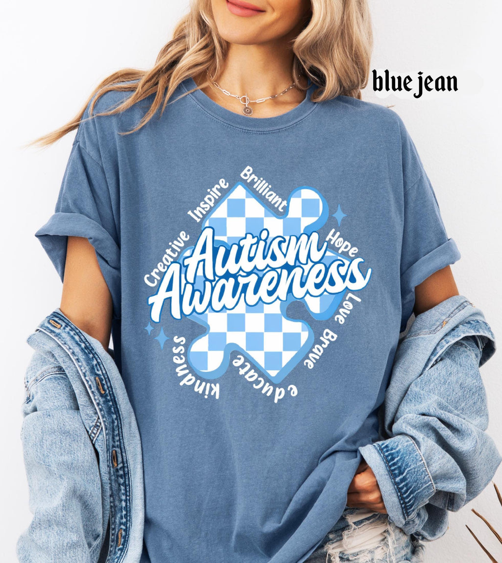 Autism Awareness Comfort Colors T-Shirt, In April We Wear Blue Special Education Teacher Shirt, Aura Of Blue Embrace Nuerodiversity Tee