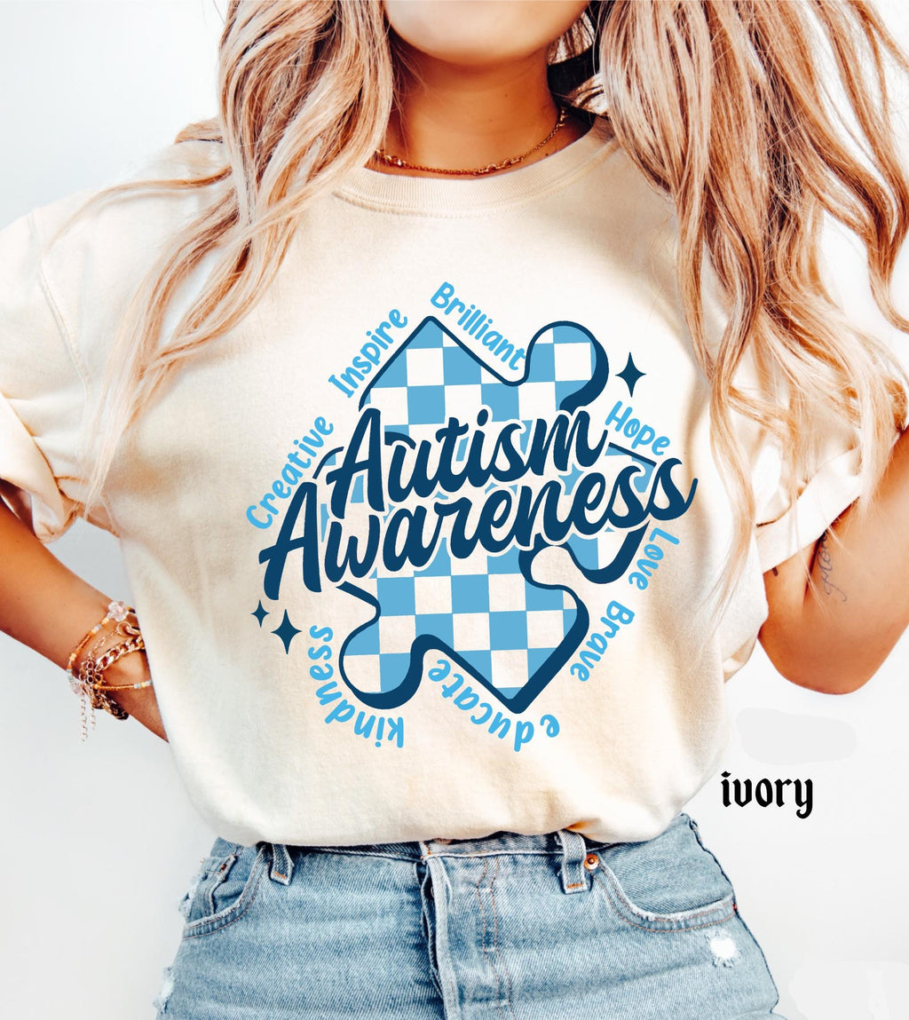 Autism Awareness Comfort Colors T-Shirt, In April We Wear Blue Special Education Teacher Shirt, Aura Of Blue Embrace Nuerodiversity Tee