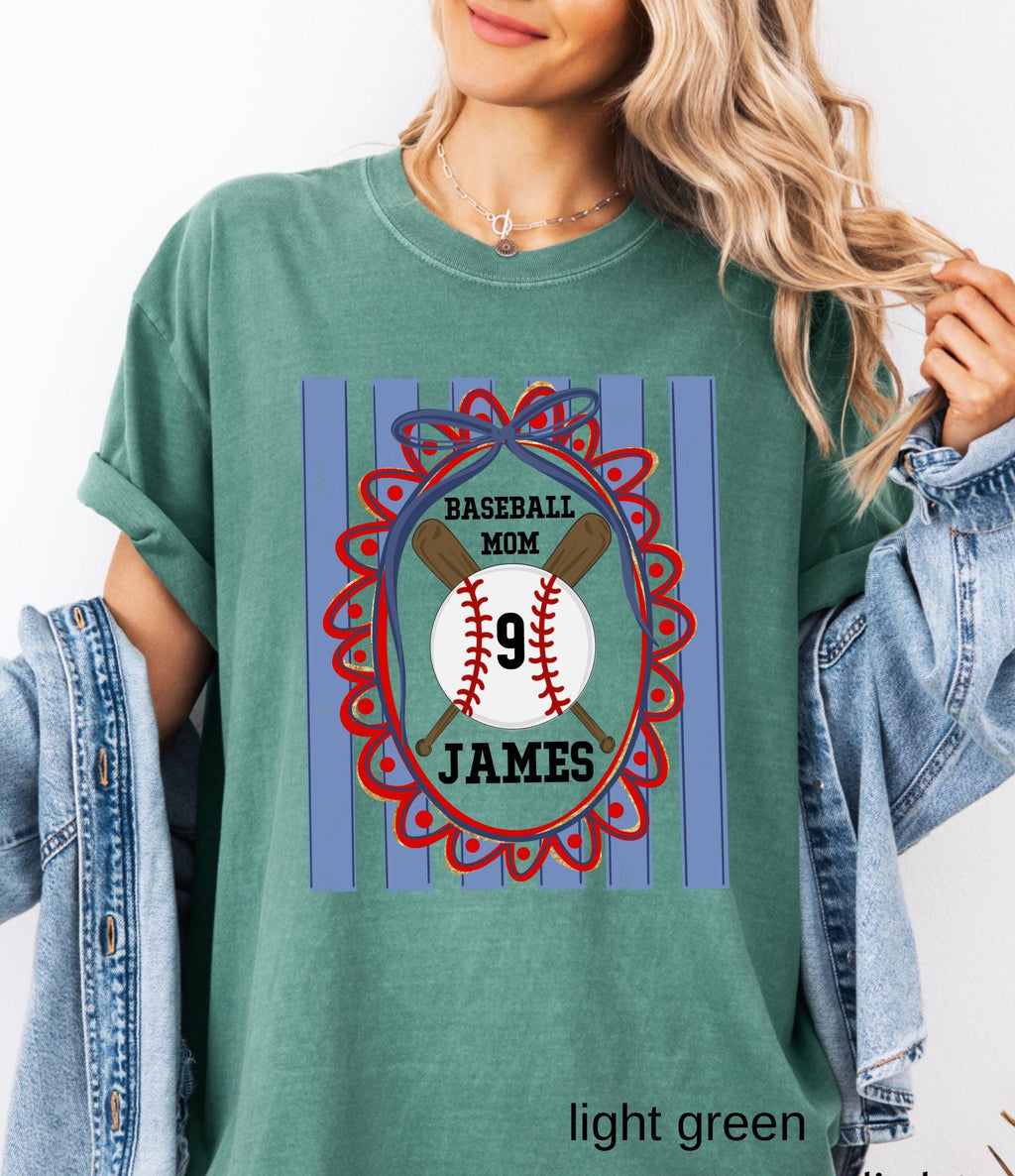 Custom Baseball Mom Comfort Colors Shirt, Personalize Name Number Baseball Tee Coquette Play Ball Sport T-Shirt, Preppy mothers day gift