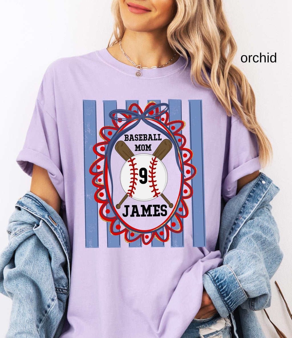 Custom Baseball Mom Comfort Colors Shirt, Personalize Name Number Baseball Tee Coquette Play Ball Sport T-Shirt, Preppy mothers day gift