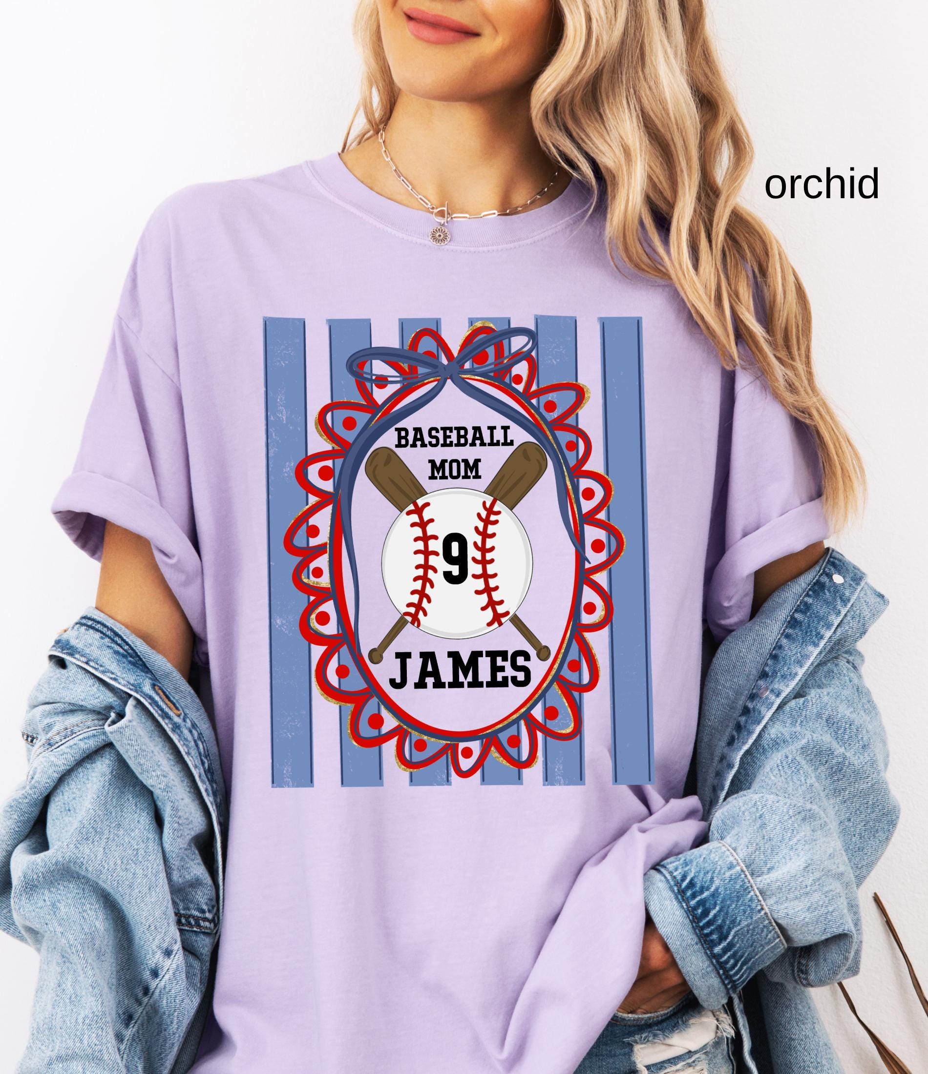 Custom Baseball Mom Comfort Colors Shirt, Personalize Name Number Baseball Tee Coquette Play Ball Sport T-Shirt, Preppy mothers day gift
