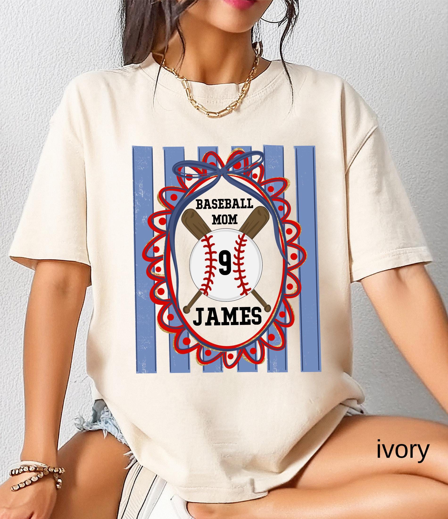Custom Baseball Mom Comfort Colors Shirt, Personalize Name Number Baseball Tee Coquette Play Ball Sport T-Shirt, Preppy mothers day gift