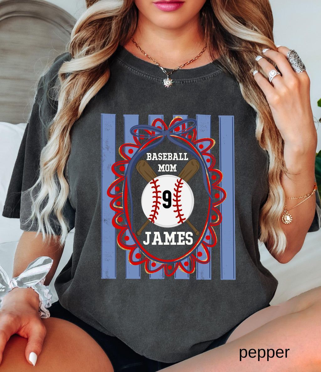 Custom Baseball Mom Comfort Colors Shirt, Personalize Name Number Baseball Tee Coquette Play Ball Sport T-Shirt, Preppy mothers day gift