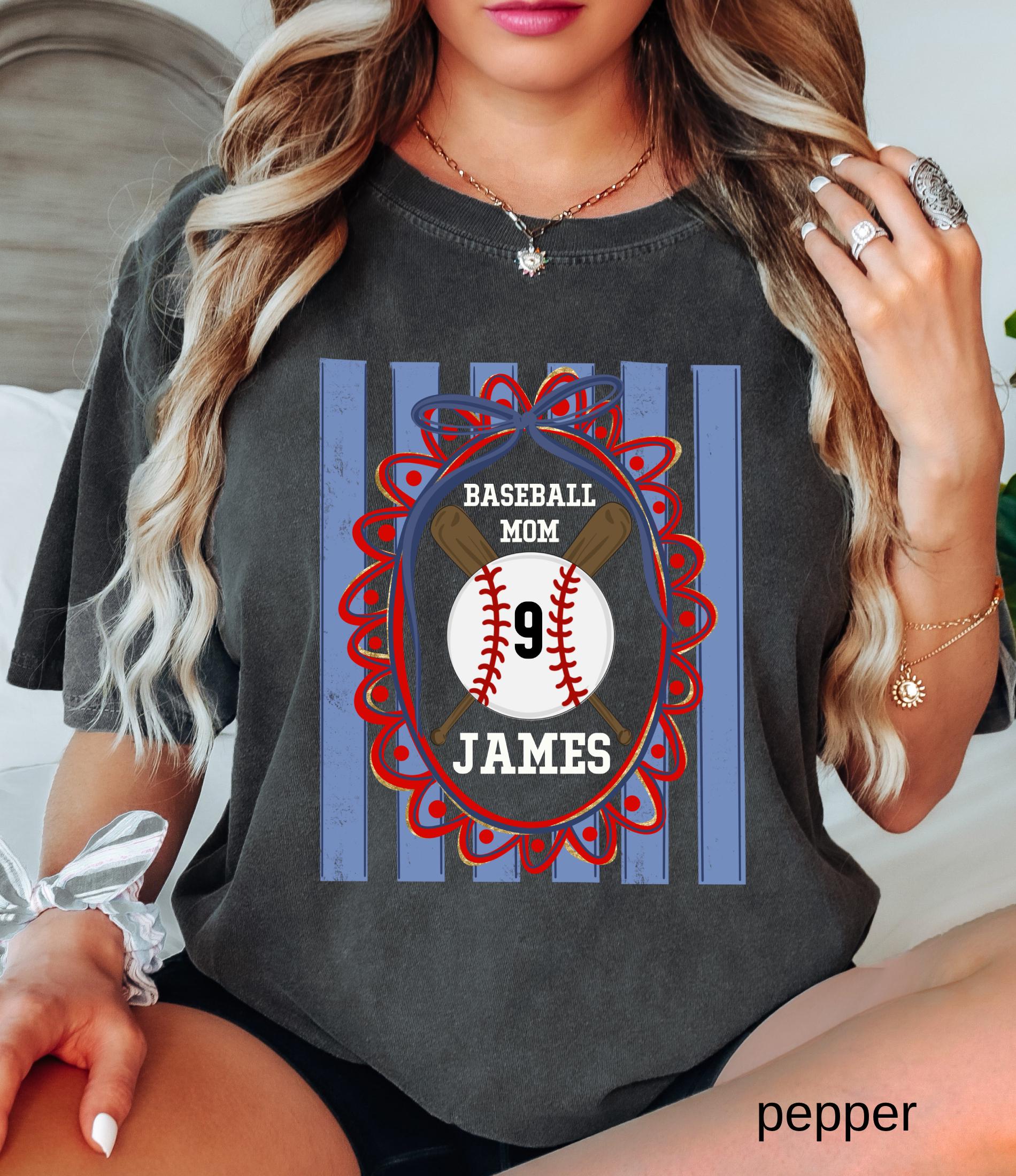 Custom Baseball Mom Comfort Colors Shirt, Personalize Name Number Baseball Tee Coquette Play Ball Sport T-Shirt, Preppy mothers day gift