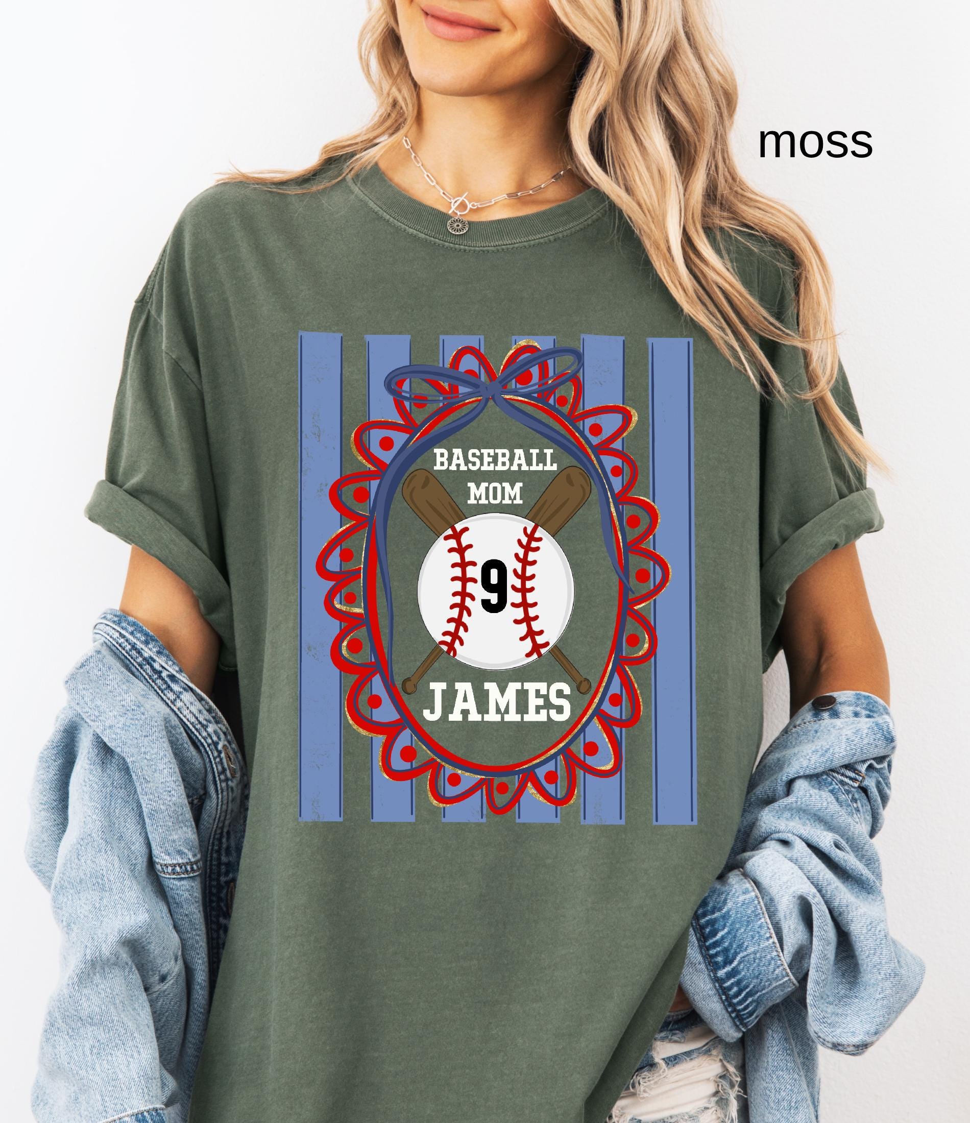 Custom Baseball Mom Comfort Colors Shirt, Personalize Name Number Baseball Tee Coquette Play Ball Sport T-Shirt, Preppy mothers day gift
