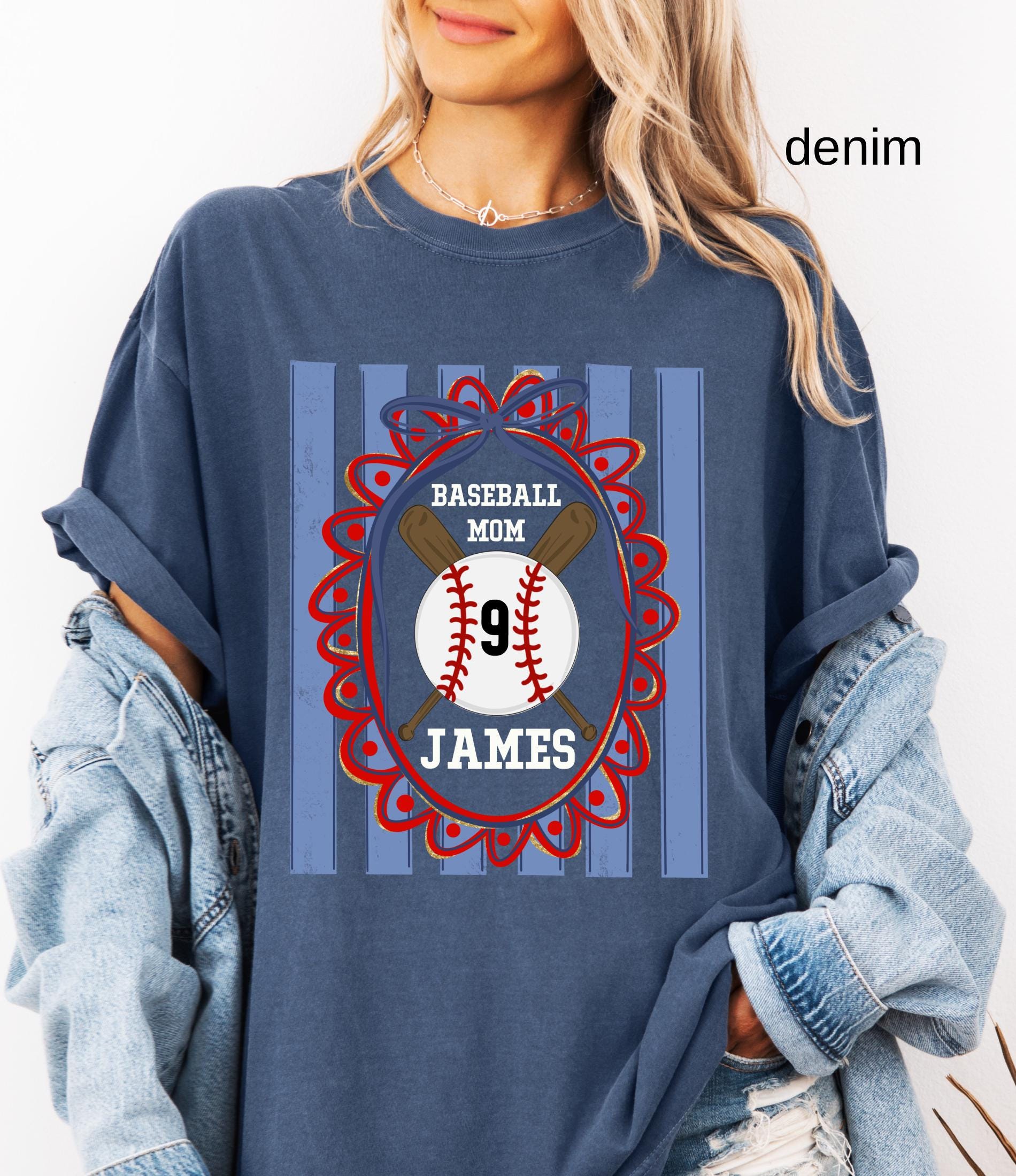 Custom Baseball Mom Comfort Colors Shirt, Personalize Name Number Baseball Tee Coquette Play Ball Sport T-Shirt, Preppy mothers day gift