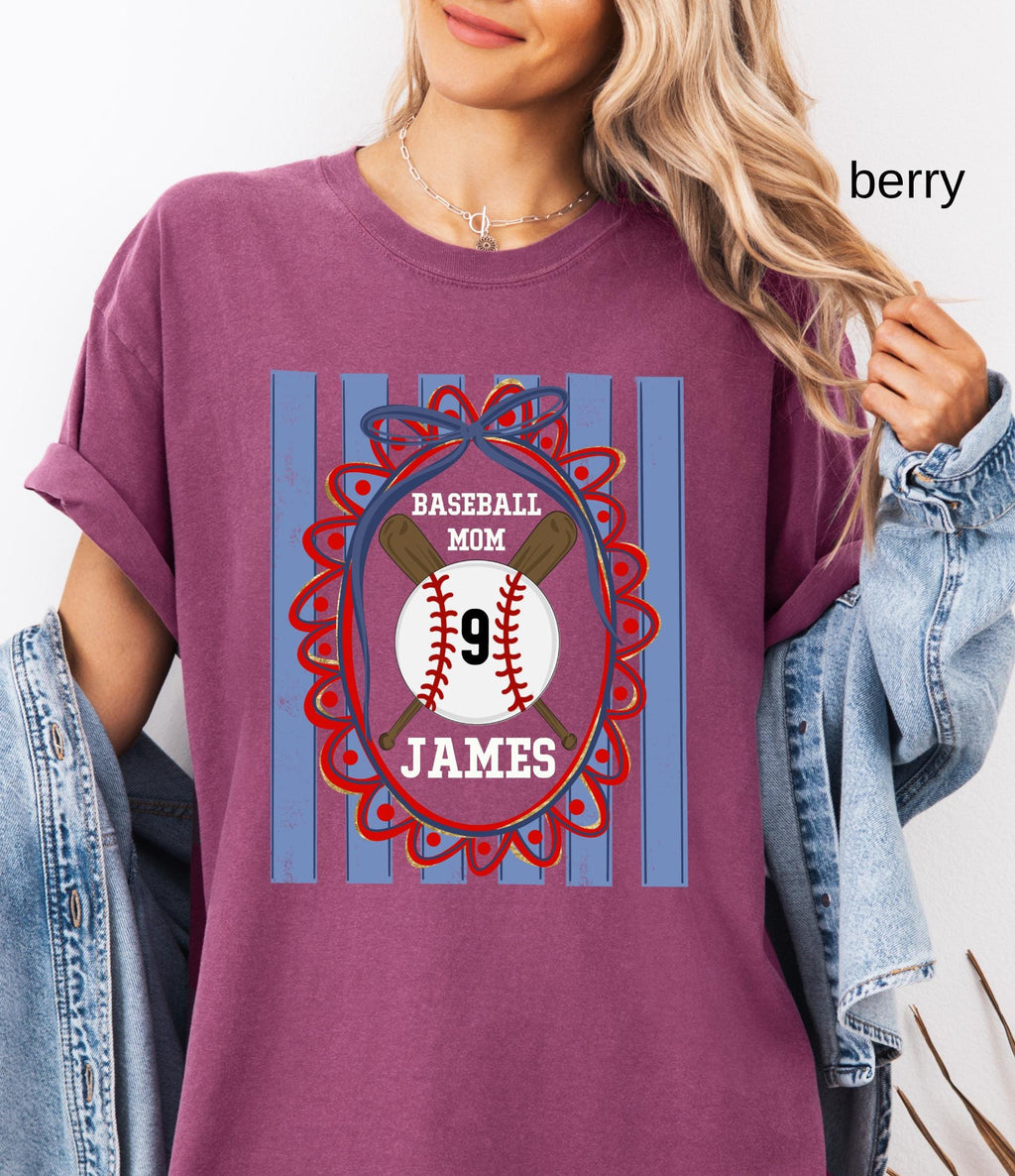 Custom Baseball Mom Comfort Colors Shirt, Personalize Name Number Baseball Tee Coquette Play Ball Sport T-Shirt, Preppy mothers day gift