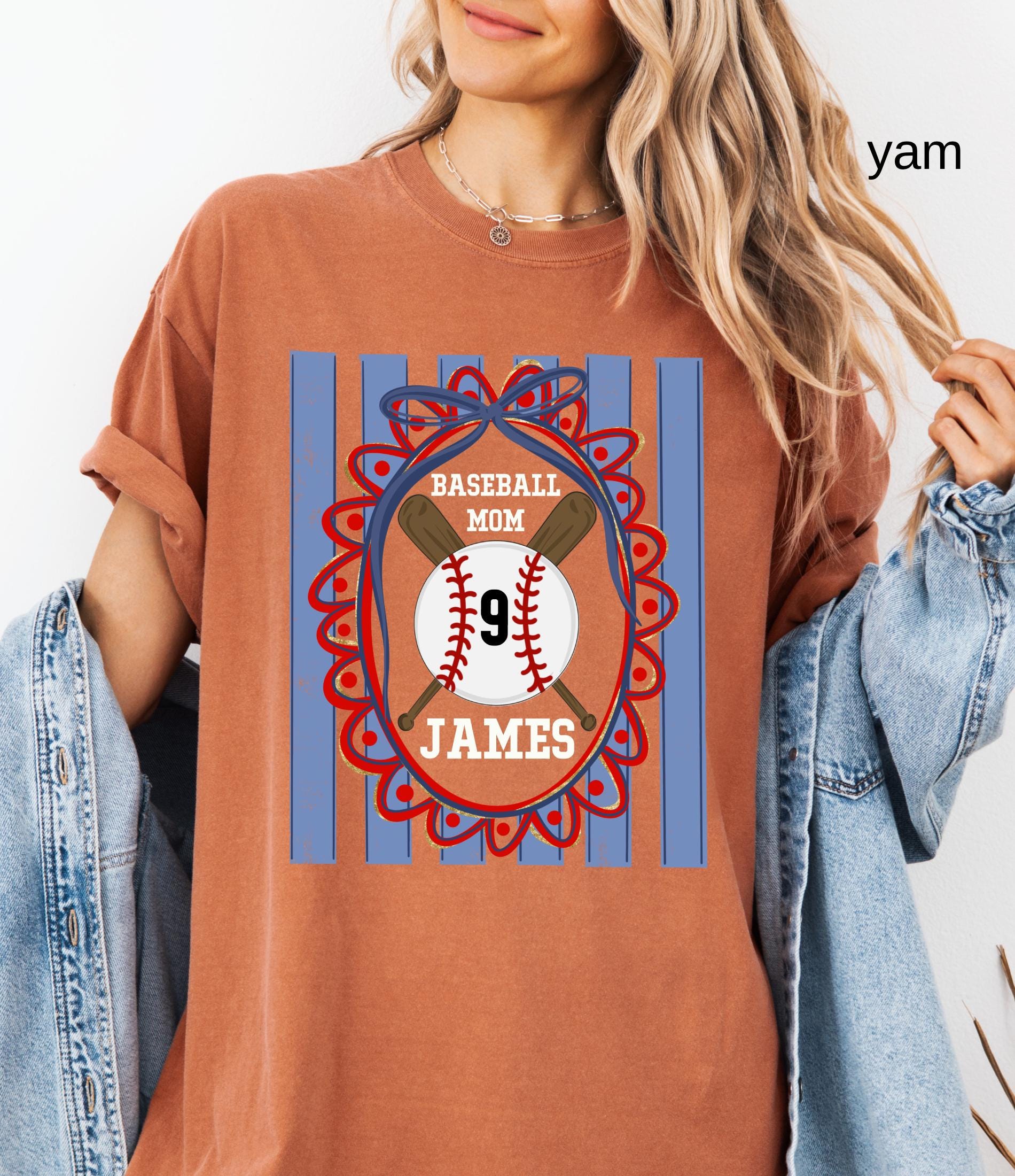 Custom Baseball Mom Comfort Colors Shirt, Personalize Name Number Baseball Tee Coquette Play Ball Sport T-Shirt, Preppy mothers day gift