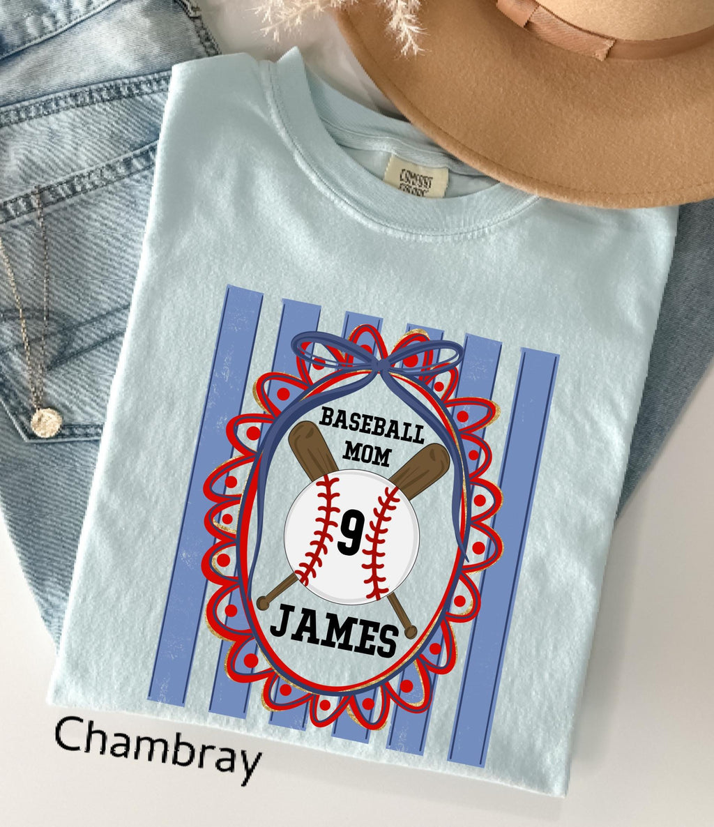 Custom Baseball Mom Comfort Colors Shirt, Personalize Name Number Baseball Tee Coquette Play Ball Sport T-Shirt, Preppy mothers day gift