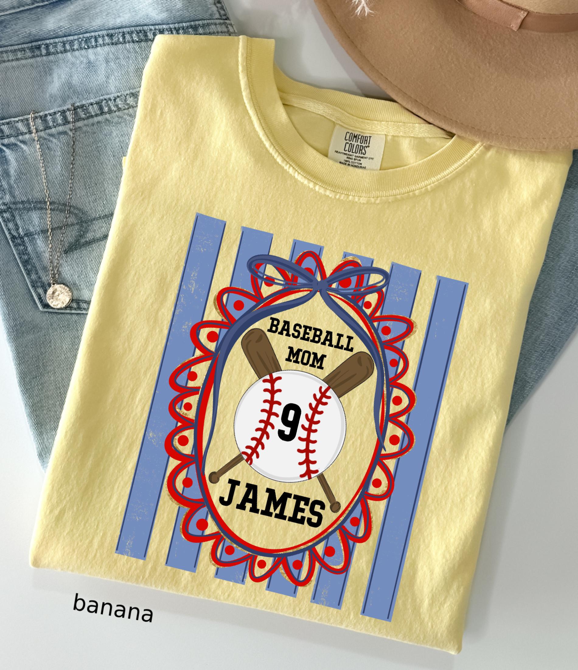 Custom Baseball Mom Comfort Colors Shirt, Personalize Name Number Baseball Tee Coquette Play Ball Sport T-Shirt, Preppy mothers day gift