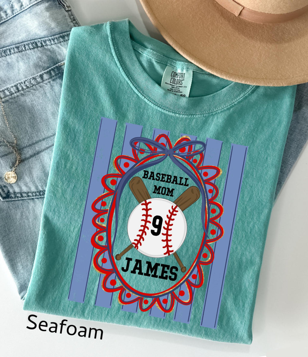 Custom Baseball Mom Comfort Colors Shirt, Personalize Name Number Baseball Tee Coquette Play Ball Sport T-Shirt, Preppy mothers day gift