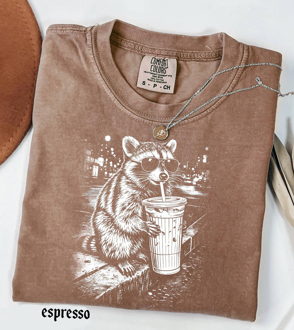 Raccoon Drinking Iced Coffee Comfort Colors Shirt, Funny Animal Meme Tee, Retro Trendy Graphic T-Shirt