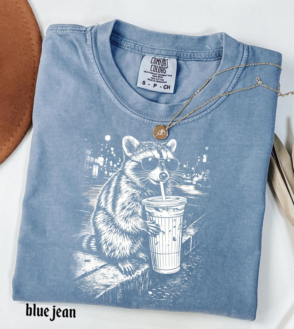 Raccoon Drinking Iced Coffee Comfort Colors Shirt, Funny Animal Meme Tee, Retro Trendy Graphic T-Shirt