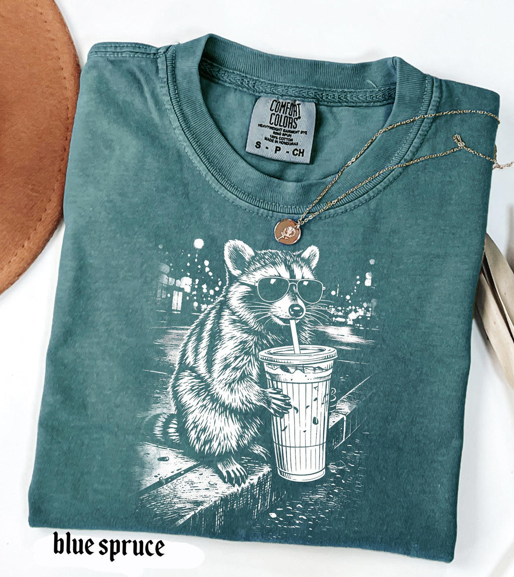 Raccoon Drinking Iced Coffee Comfort Colors Shirt, Funny Animal Meme Tee, Retro Trendy Graphic T-Shirt