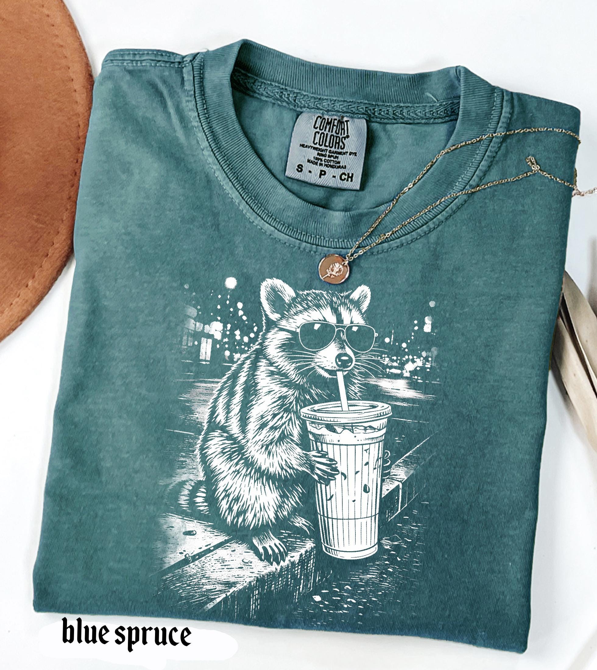 Raccoon Drinking Iced Coffee Comfort Colors Shirt, Funny Animal Meme Tee, Retro Trendy Graphic T-Shirt