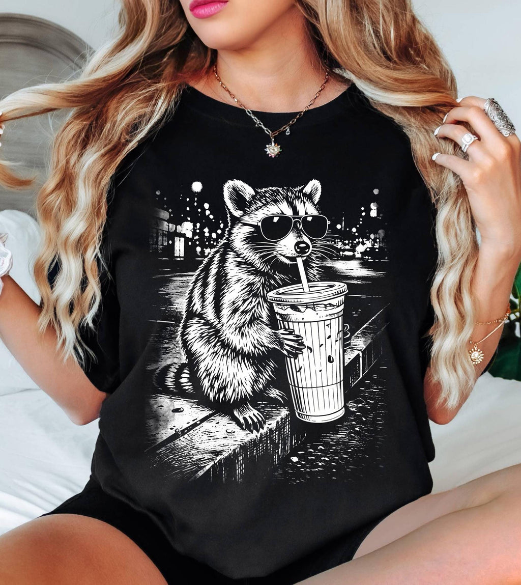 Raccoon Drinking Iced Coffee Comfort Colors Shirt, Funny Animal Meme Tee, Retro Trendy Graphic T-Shirt