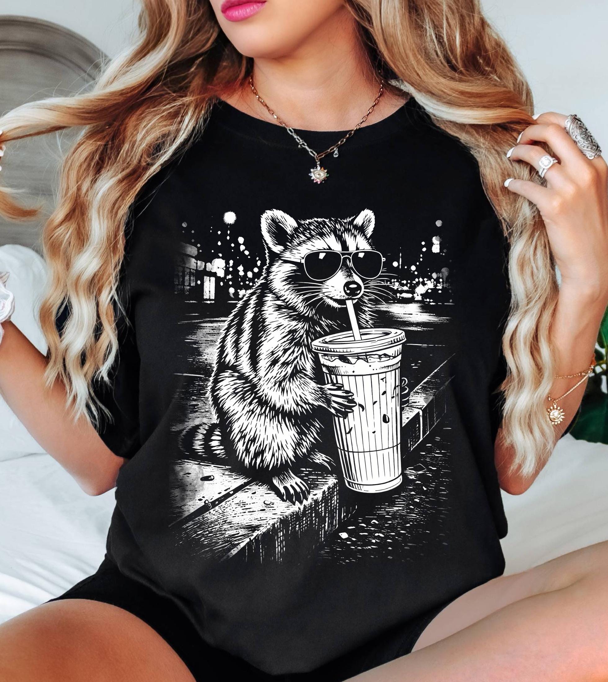 Raccoon Drinking Iced Coffee Comfort Colors Shirt, Funny Animal Meme Tee, Retro Trendy Graphic T-Shirt
