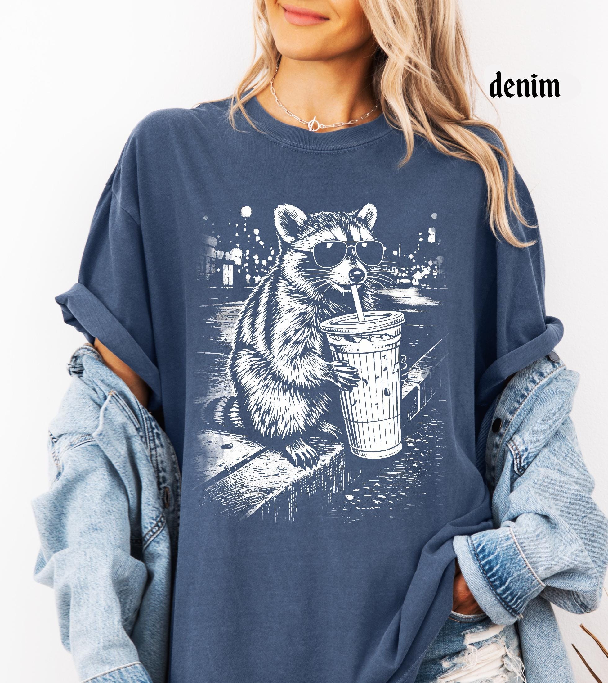 Raccoon Drinking Iced Coffee Comfort Colors Shirt, Funny Animal Meme Tee, Retro Trendy Graphic T-Shirt