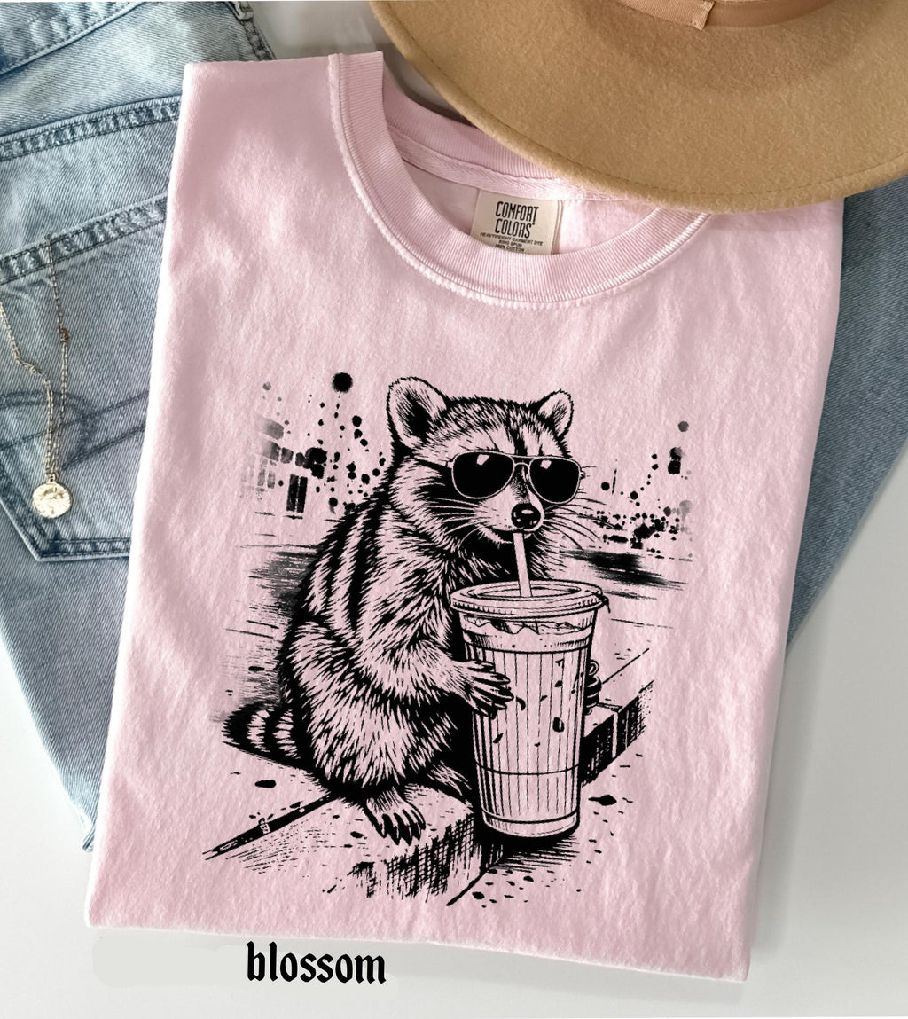 Raccoon Drinking Iced Coffee Comfort Colors Shirt, Funny Animal Meme Tee, Retro Trendy Graphic T-Shirt