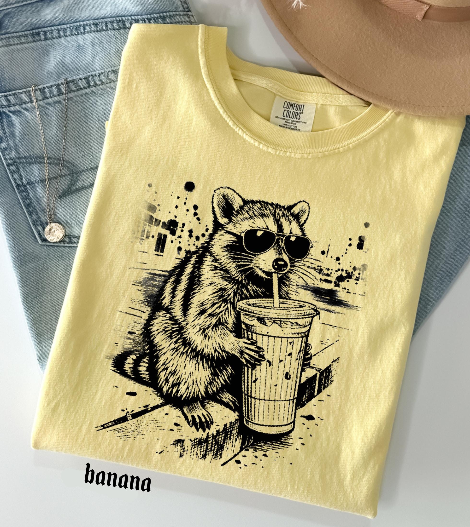 Raccoon Drinking Iced Coffee Comfort Colors Shirt, Funny Animal Meme Tee, Retro Trendy Graphic T-Shirt