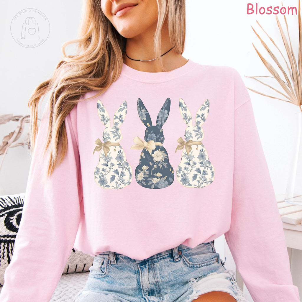 Comfort Colors® Floral Bunny Long Sleeve Shirt, Coquette Easter Spring Crewneck