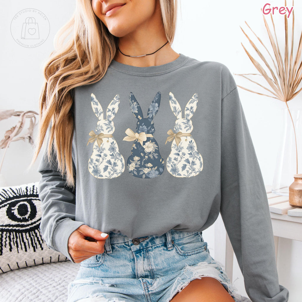 Comfort Colors® Floral Bunny Long Sleeve Shirt, Coquette Easter Spring Crewneck