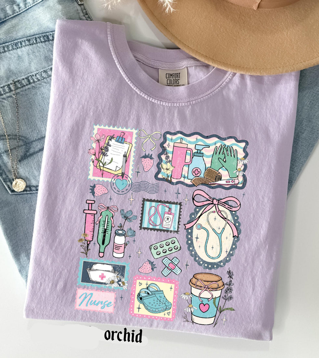 The Life of a Nurse Comfort Colors T-Shirt, Medical Scrapbook Registered Nurse Gift, Cottagecore Nursing Life Collage Tee, RN Pediatric