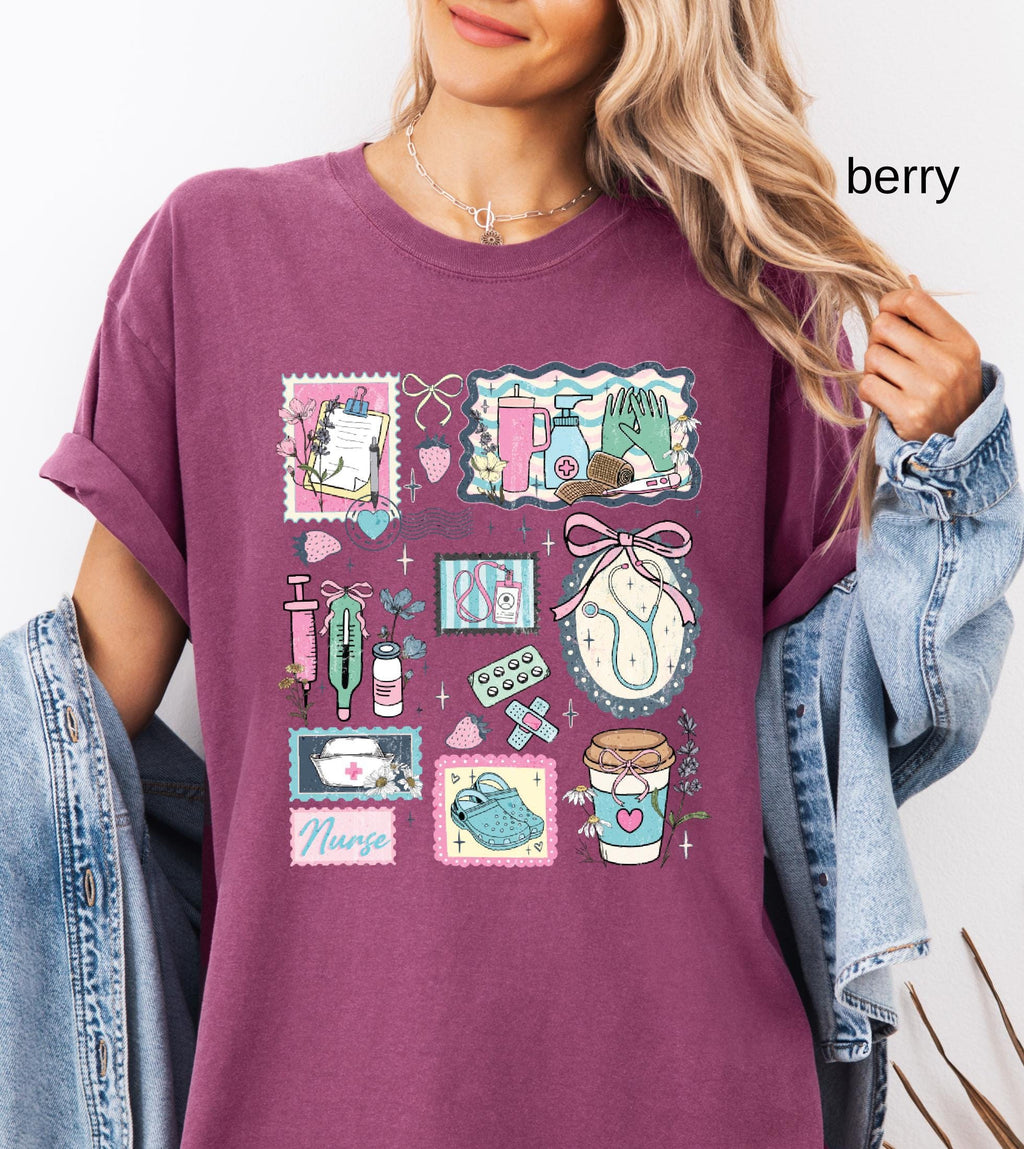 The Life of a Nurse Comfort Colors T-Shirt, Medical Scrapbook Registered Nurse Gift, Cottagecore Nursing Life Collage Tee, RN Pediatric