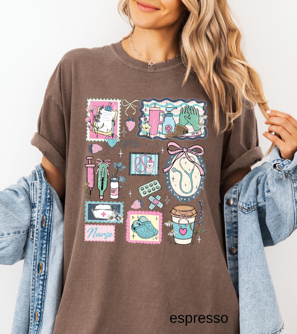 The Life of a Nurse Comfort Colors T-Shirt, Medical Scrapbook Registered Nurse Gift, Cottagecore Nursing Life Collage Tee, RN Pediatric