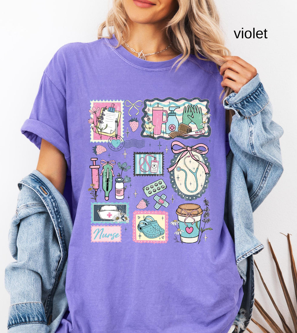 The Life of a Nurse Comfort Colors T-Shirt, Medical Scrapbook Registered Nurse Gift, Cottagecore Nursing Life Collage Tee, RN Pediatric