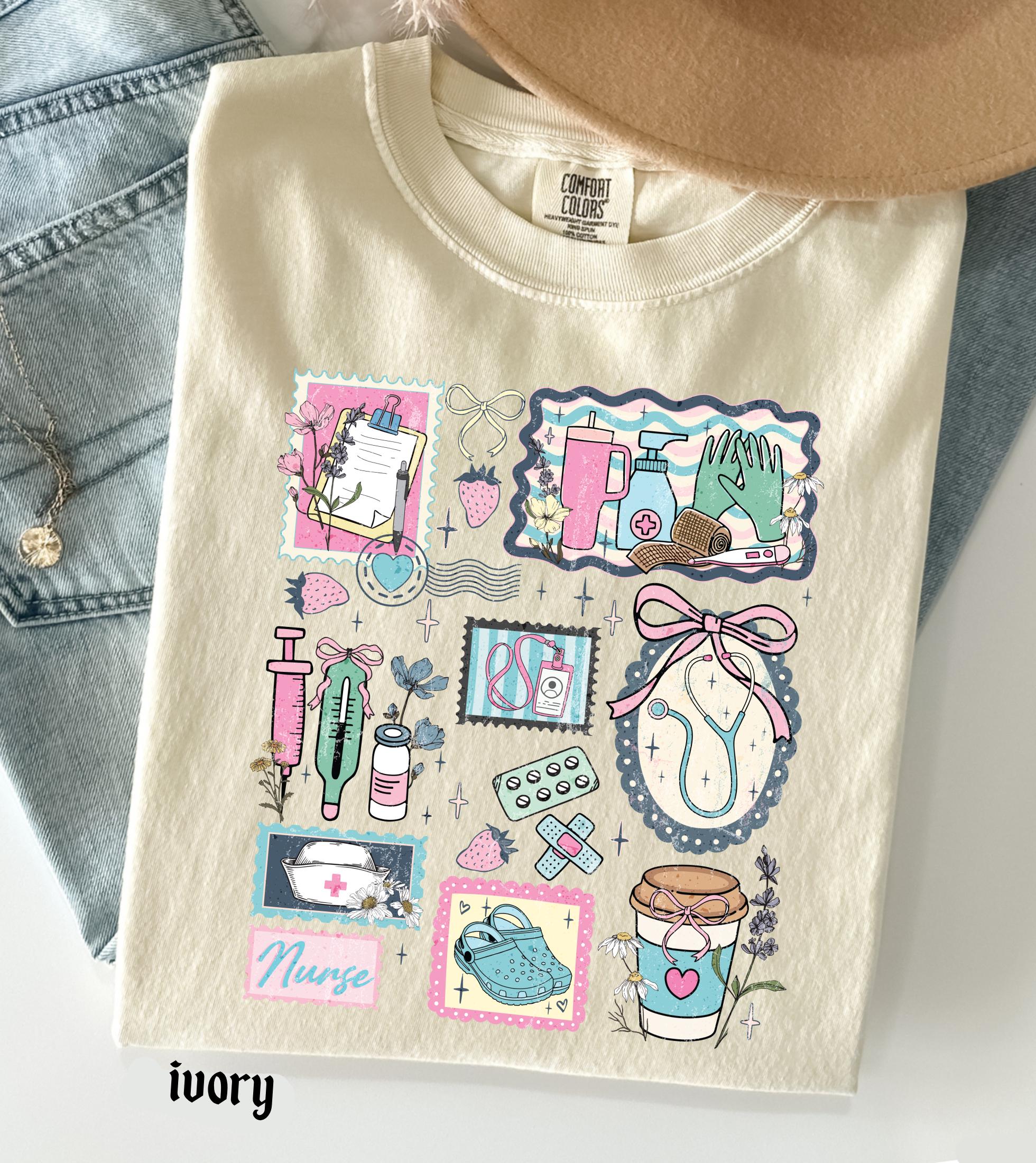 The Life of a Nurse Comfort Colors T-Shirt, Medical Scrapbook Registered Nurse Gift, Cottagecore Nursing Life Collage Tee, RN Pediatric