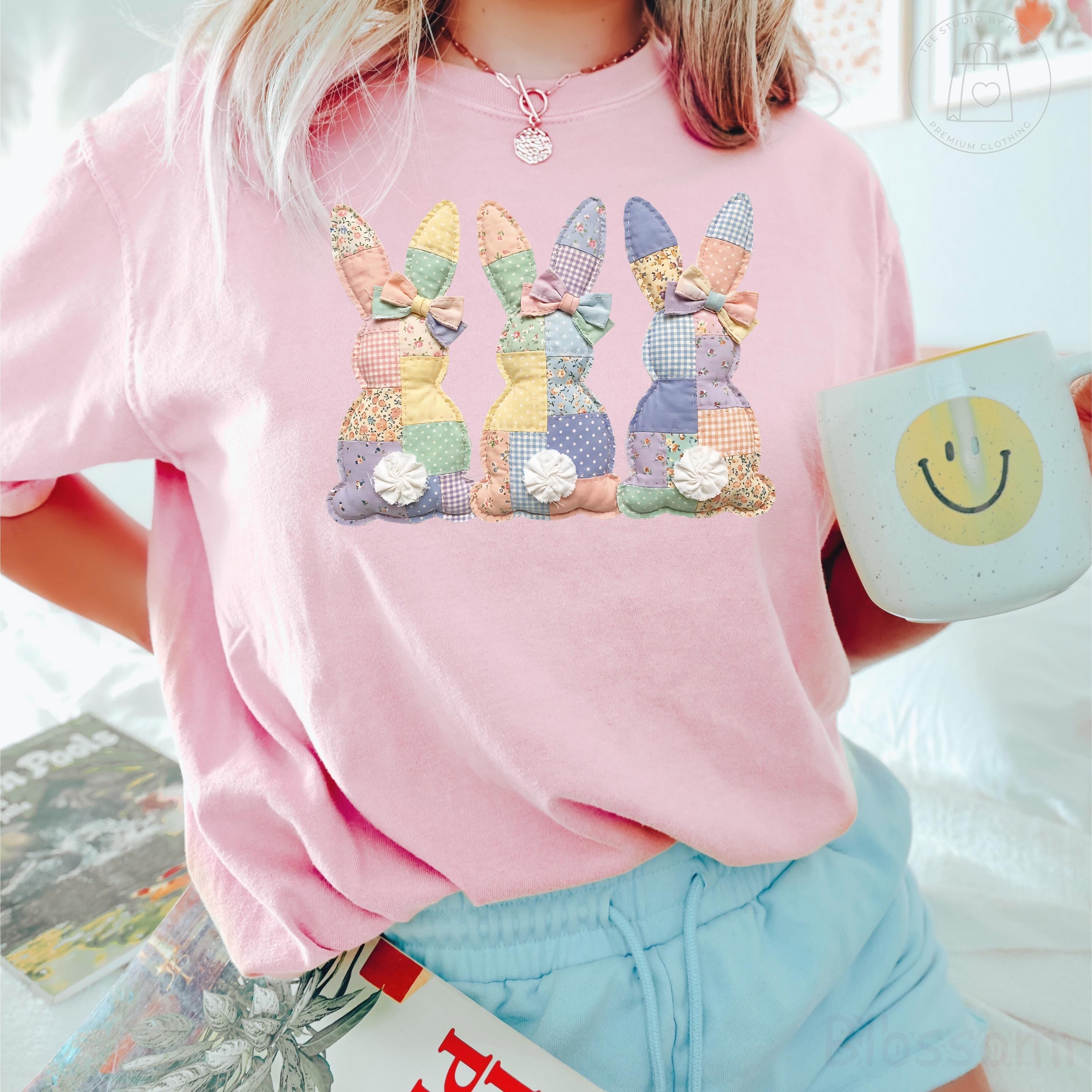 Comfort Colors® Faux Patchwork Bunny Shirt, Vintage Cottagecore Easter Shirt, Spring Floral Graphic Tee, Gift for Women