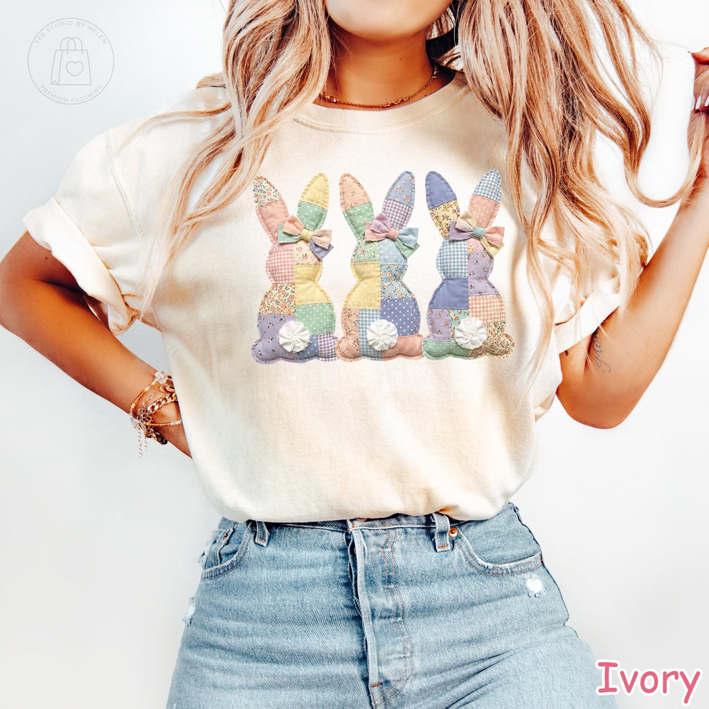 Comfort Colors® Faux Patchwork Bunny Shirt, Vintage Cottagecore Easter Shirt, Spring Floral Graphic Tee, Gift for Women