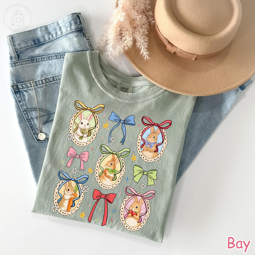 Comfort Colors® Coquette Bunny Shirt, Floral Easter Bunny Shirt, Cottagecore Spring Bunny T-Shirt, Cute Rabbit Bow Tee, Vintage Easter Shirt