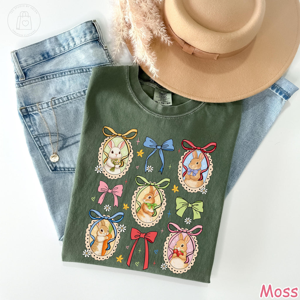 Comfort Colors® Coquette Bunny Shirt, Floral Easter Bunny Shirt, Cottagecore Spring Bunny T-Shirt, Cute Rabbit Bow Tee, Vintage Easter Shirt