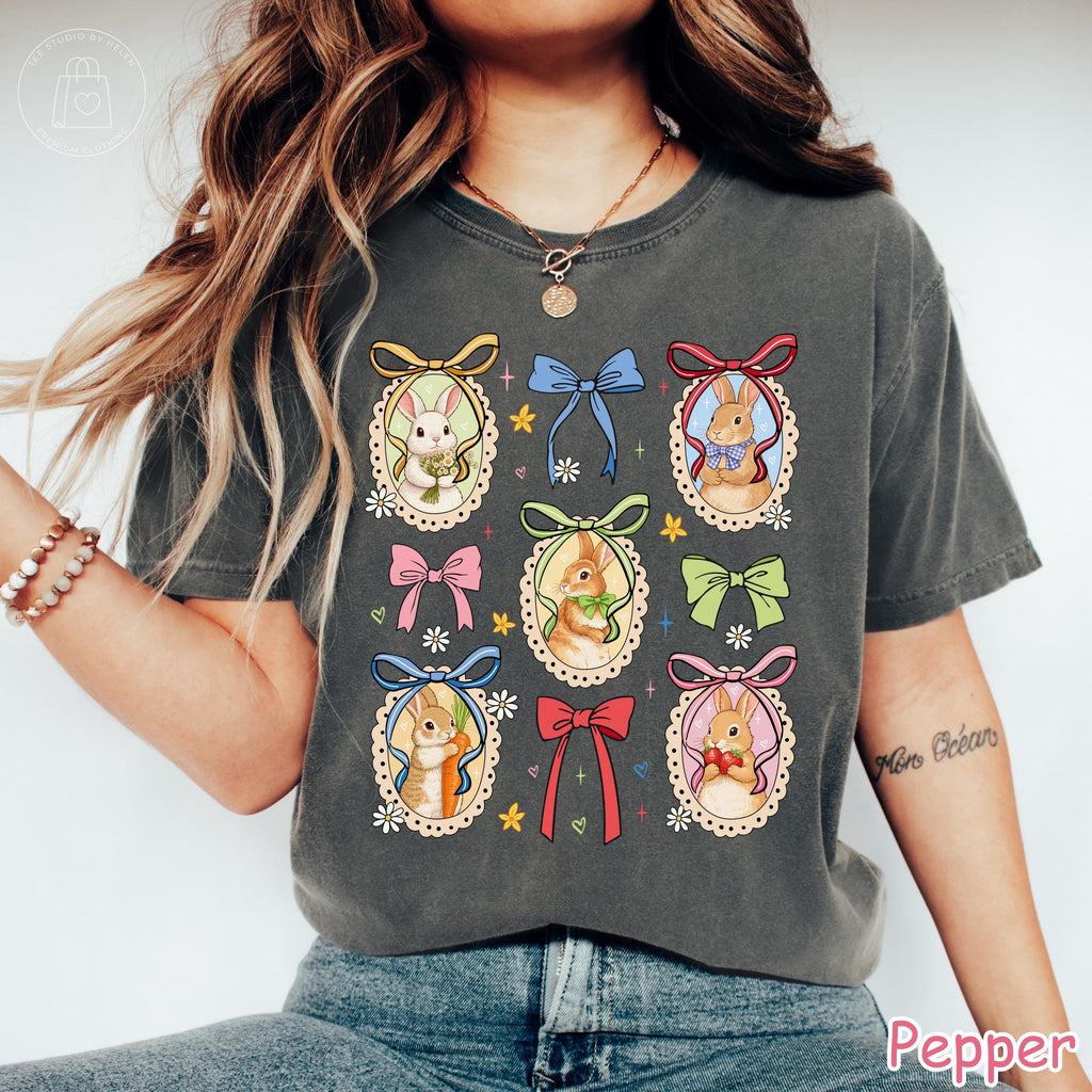 Comfort Colors® Coquette Bunny Shirt, Floral Easter Bunny Shirt, Cottagecore Spring Bunny T-Shirt, Cute Rabbit Bow Tee, Vintage Easter Shirt