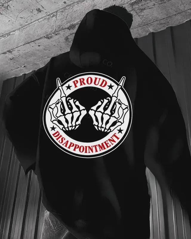 Proud Disappointment Skeleton Hoodie, Funny Middle Finger Sweatshirt, Edgy Grunge Tshirt, Sarcastic Streetwear, Y2K Gothic Graphic Tee