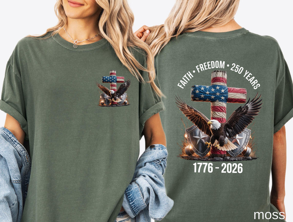 Freedom 250th Anniversary Shirt, Comfort Colors Christian Cross USA 250 Years Independence Tee, 1776–2026 America Patriotic 4th of July Gift