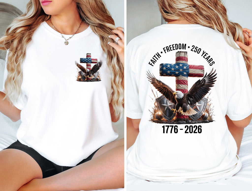 Freedom 250th Anniversary Shirt, Comfort Colors Christian Cross USA 250 Years Independence Tee, 1776–2026 America Patriotic 4th of July Gift
