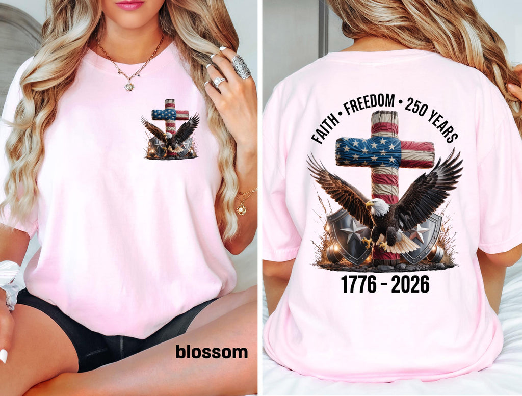 Freedom 250th Anniversary Shirt, Comfort Colors Christian Cross USA 250 Years Independence Tee, 1776–2026 America Patriotic 4th of July Gift