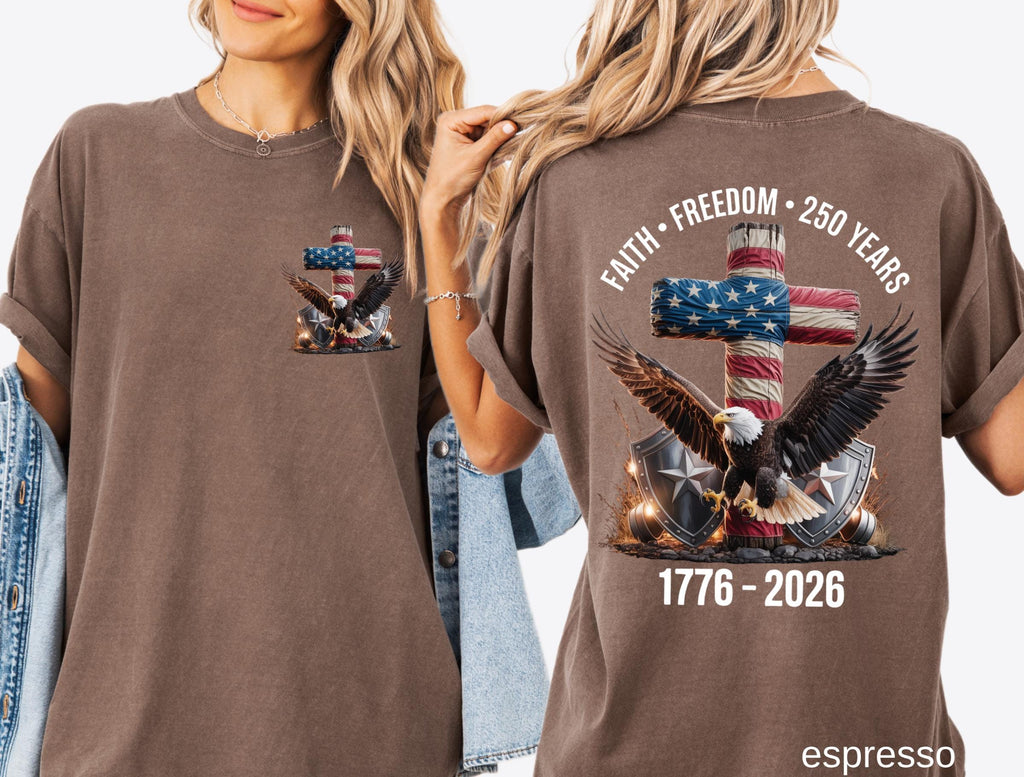Freedom 250th Anniversary Shirt, Comfort Colors Christian Cross USA 250 Years Independence Tee, 1776–2026 America Patriotic 4th of July Gift